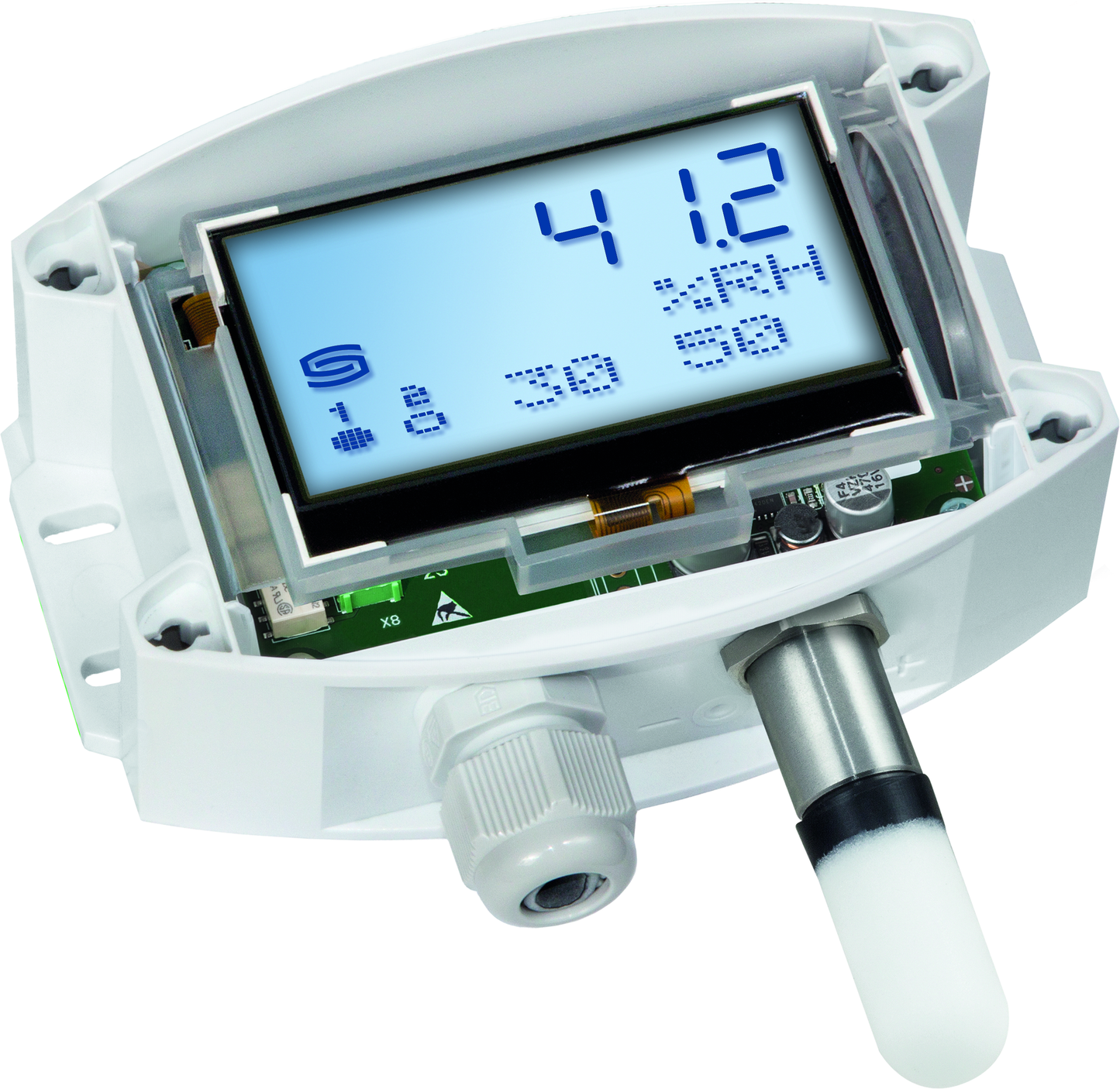 HYGRASREG AHT-30W-I LCD, mit geöffneter Abdeckung - S+S Regeltechnik