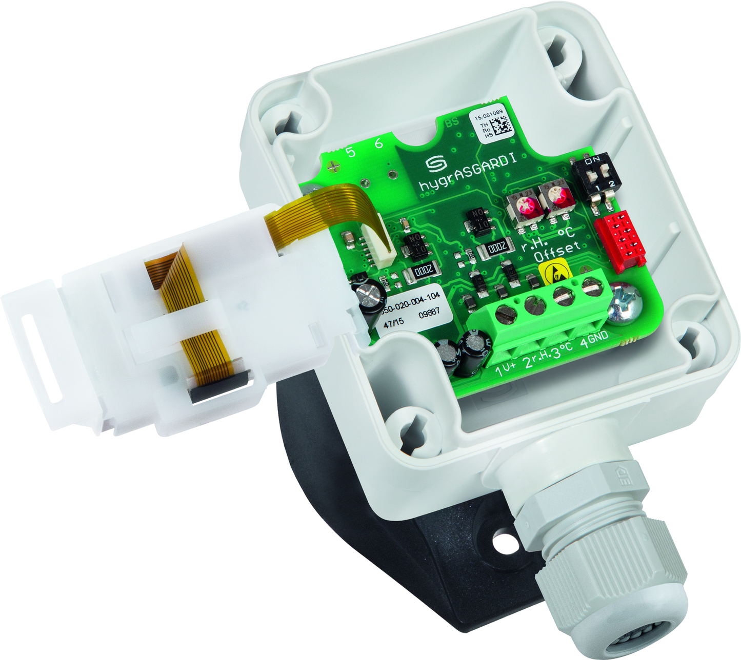 HYGRASGARD KAVTF-U LCD, mit geöffneter Abdeckung und LCD-Anzeige, mit Sinterfilter - S+S Regeltechnik