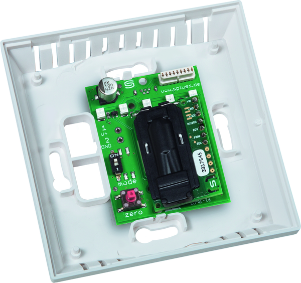 AERASGARD RCO2-AS NT, mit geöffneter Abdeckung und sichtbarer Platine, mit Sinterfilter - S+S Regeltechnik
