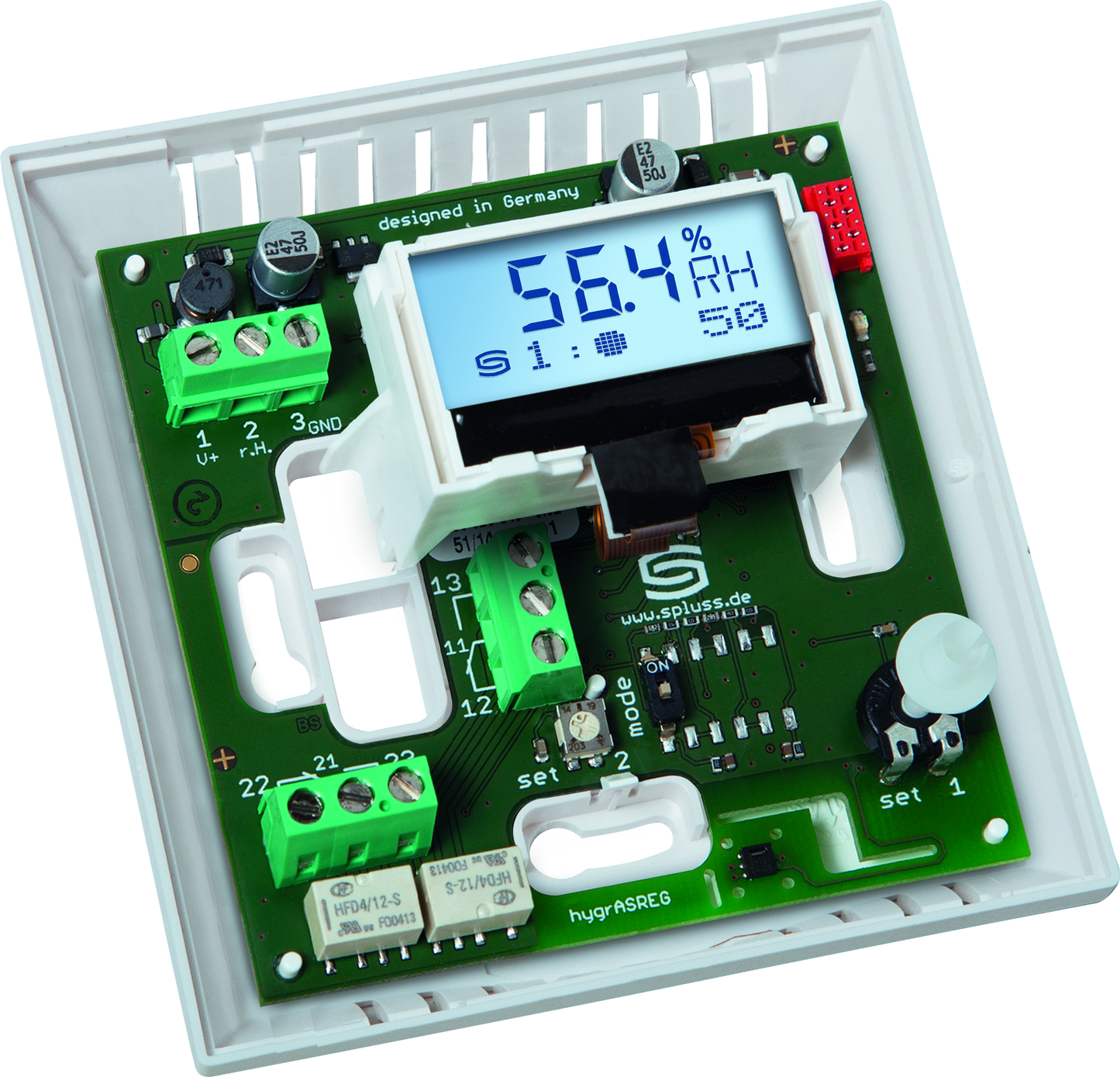 HYGRASREG RHT-30W LCD, mit geöffneter Abdeckung und sichtbarer Platine - S+S Regeltechnik