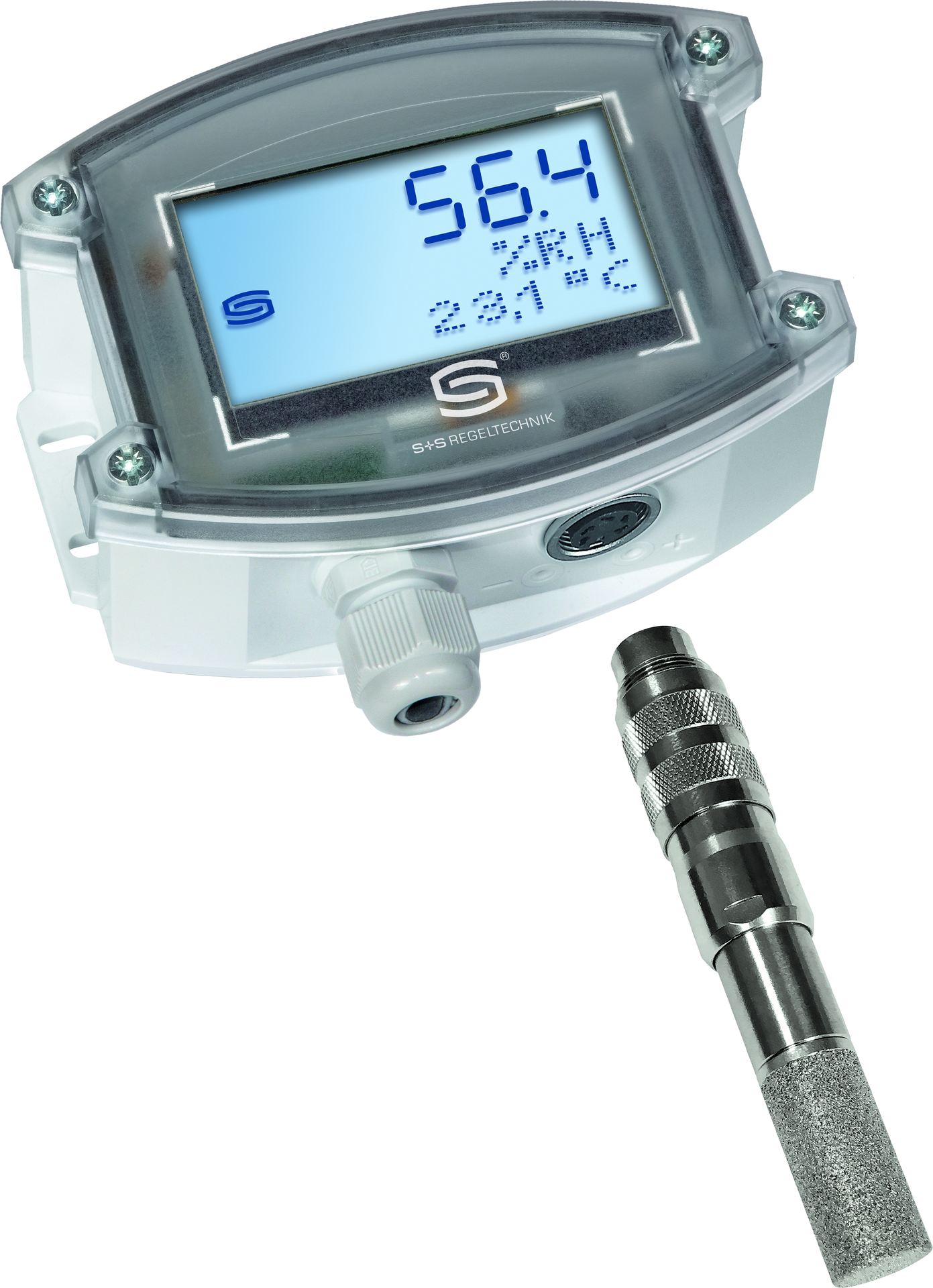 HYGRASGARD AFTF-25-U LCD, mit geöffneter Abdeckung, mit Metall-Sinterfilter - S+S Regeltechnik