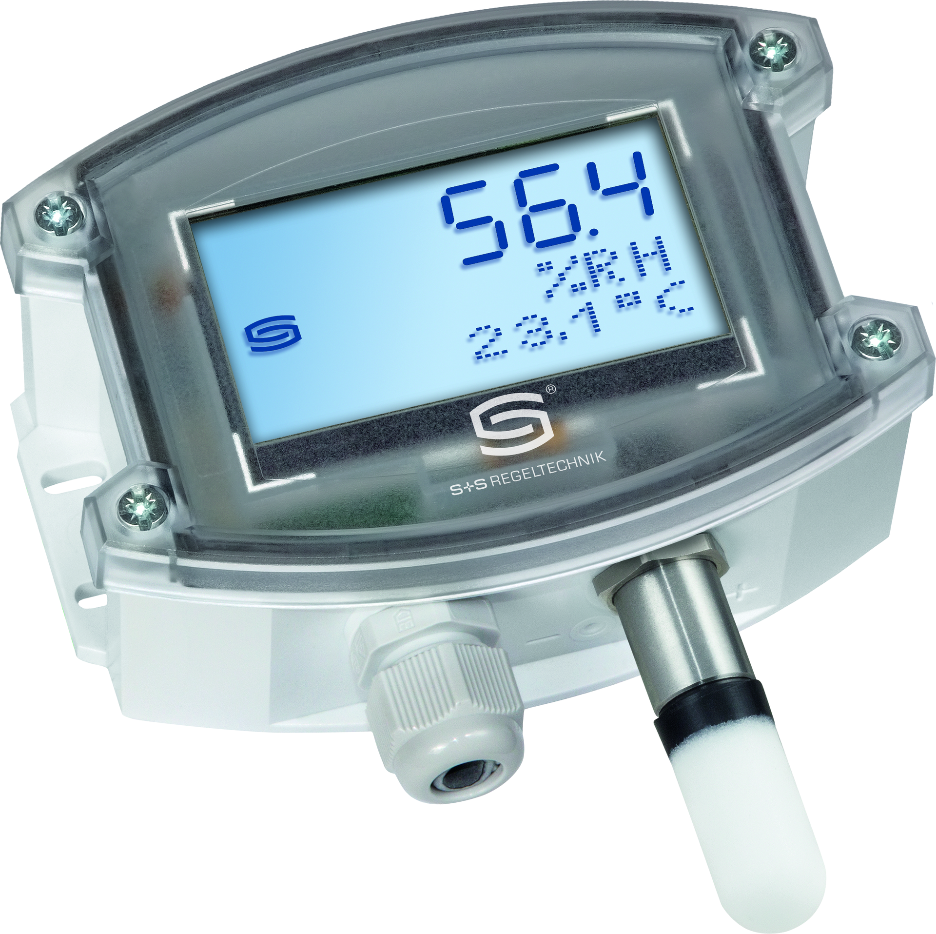 HYGRASGARD AFF-U LCD, mit geöffneter Abdeckung, mit Kunststoff-Sinterfilter - S+S Regeltechnik