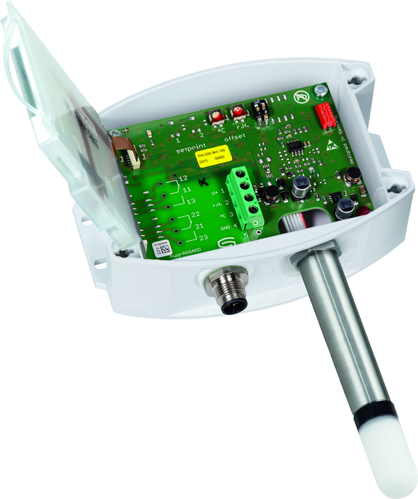 HYGRASGARD AFTF-20-U Q LCD, mit geöffneter Abdeckung und LCD-Anzeige, mit Kunststoff-Sinterfilter - S+S Regeltechnik