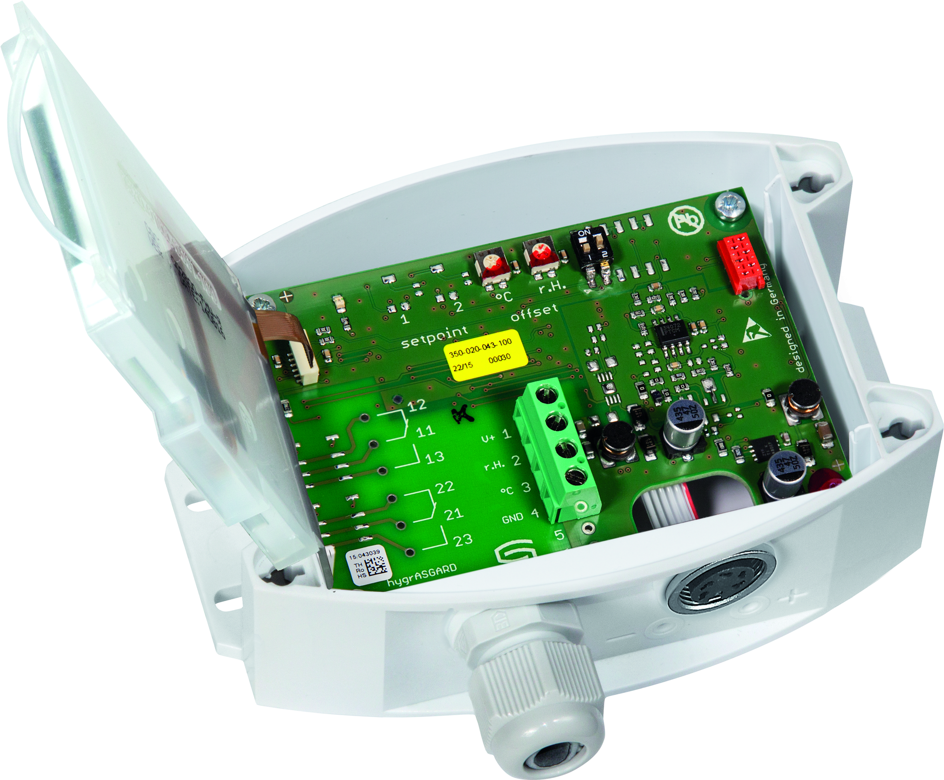 HYGRASGARD AFTF-25-U LCD, mit geöffneter Abdeckung und LCD-Anzeige, mit Sinterfilter - S+S Regeltechnik