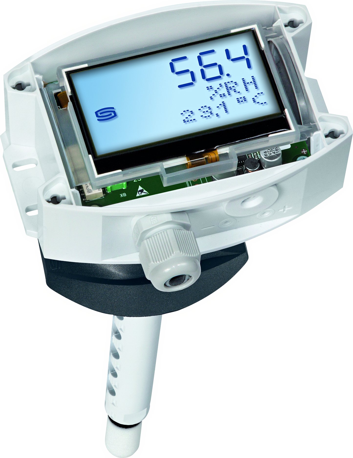 HYGRASGARD KFTF-20-U LCD, mit geöffneter Abdeckung, mit Kunststoff-Sinterfilter - S+S Regeltechnik