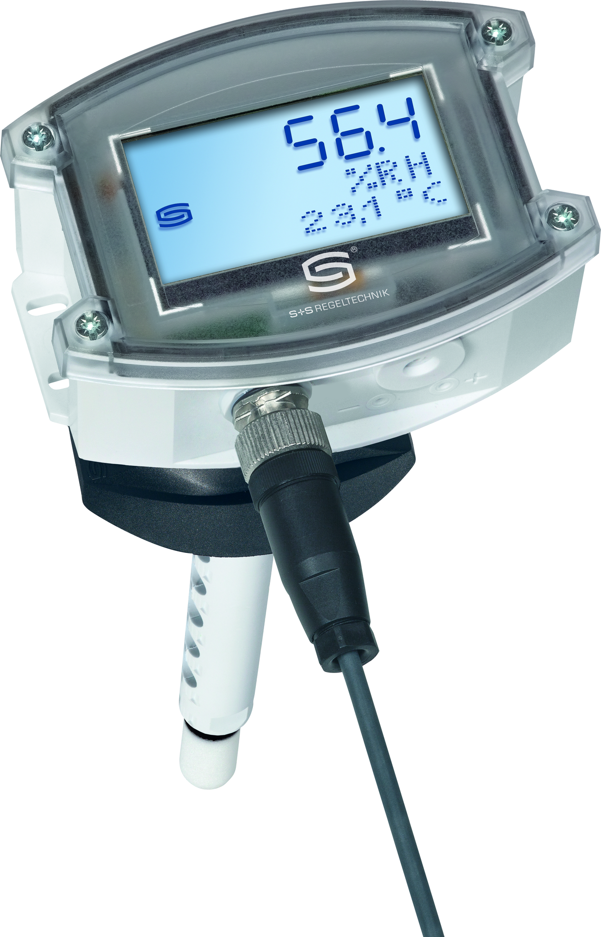 HYGRASGARD KFTF-20-U Q LCD, mit geöffneter Abdeckung, mit Kunststoff-Sinterfilter - S+S Regeltechnik