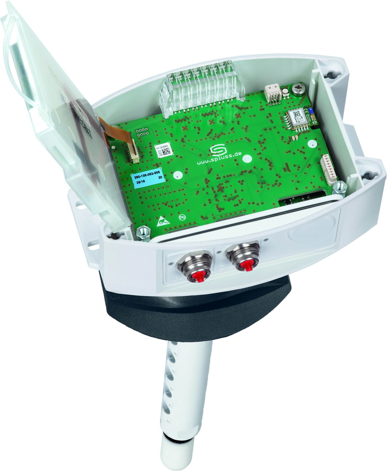 HYGRASGARD KFTF-ECATP LCD, mit geöffneter Abdeckung und LCD-Anzeige, mit Kunststoff-Sinterfilter - S+S Regeltechnik