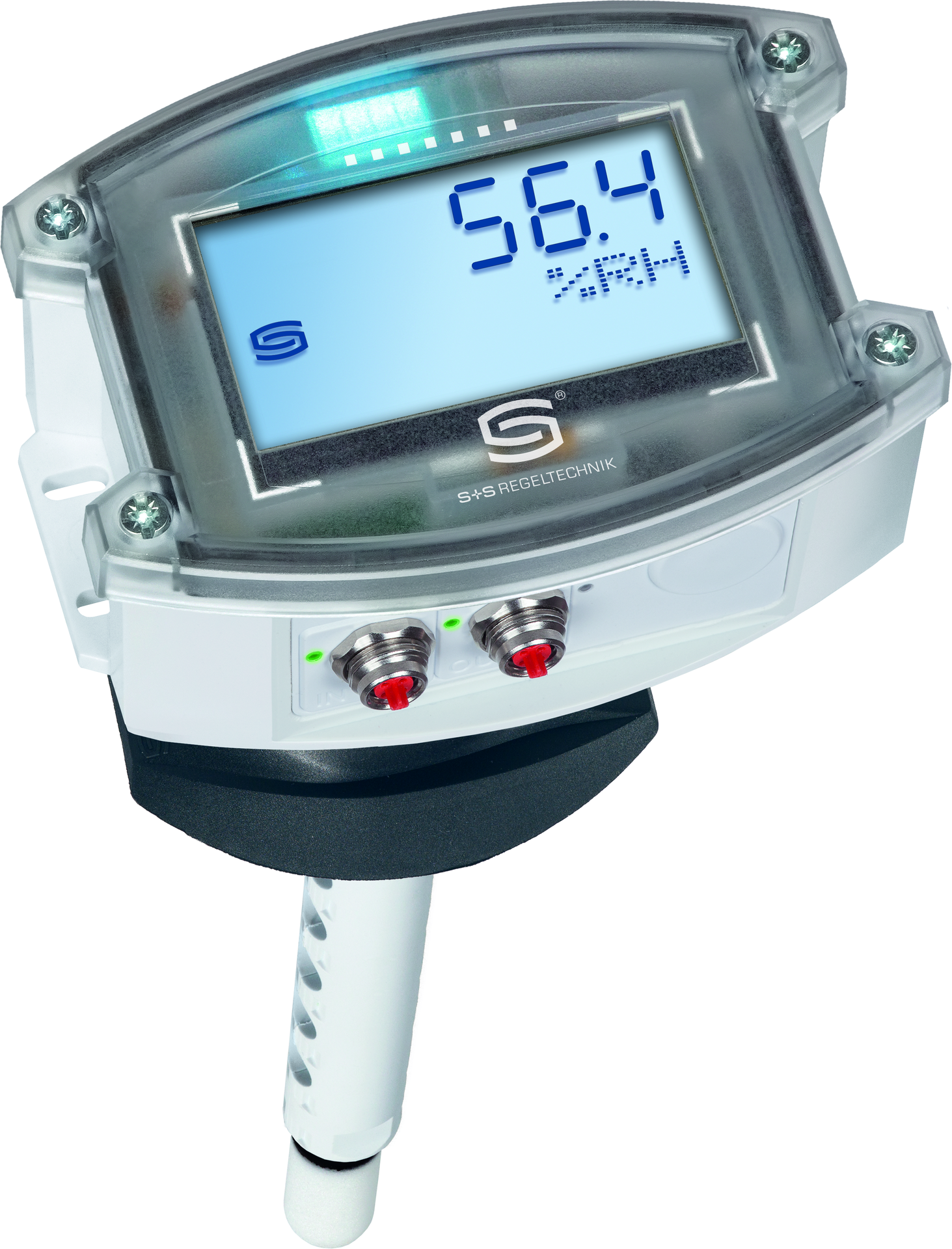 HYGRASGARD KFTF-ECATP LCD, mit geöffneter Abdeckung, mit Kunststoff-Sinterfilter - S+S Regeltechnik