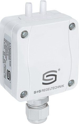 Differenzdrucksensor mit geschlossenem Gehäuse, zwei Druckanschlüssen und Kabelverschraubung