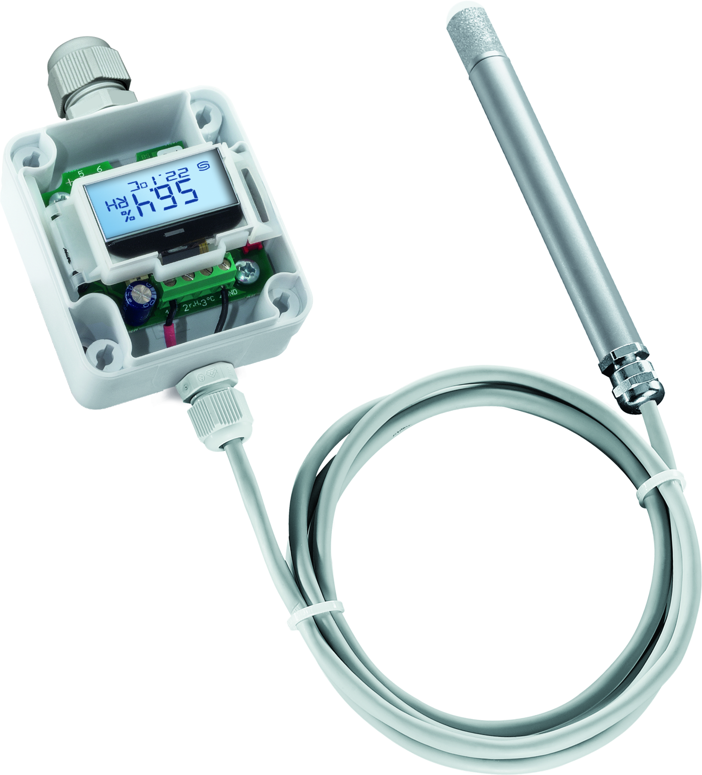 HYGRASGARD RPFF-U LCD, mit geöffneter Abdeckung, mit Metall-Sinterfilter - S+S Regeltechnik