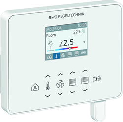 RYMASKON® RYM 1441C-RH-CO2-VOC-WMOD-BB room control device displaying temperature settings.
