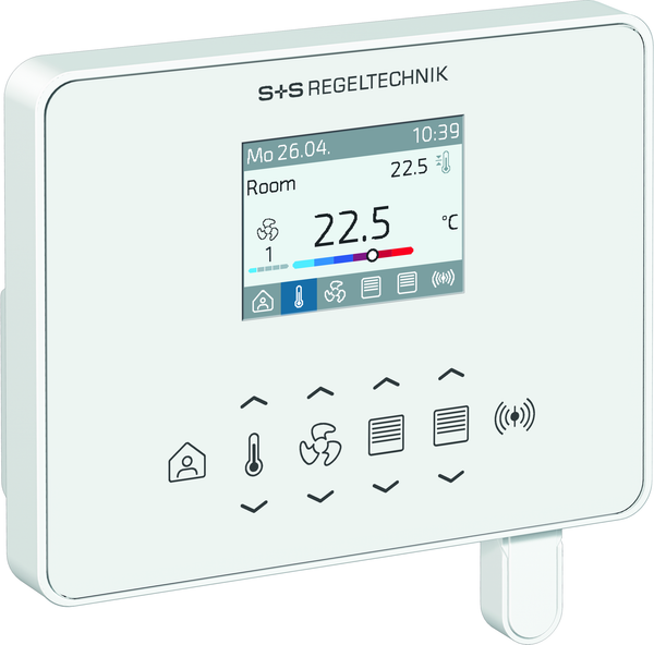 RYMASKON® RYM 1441C-RH-CO2-VOC-WMOD-BB room control device displaying temperature settings.