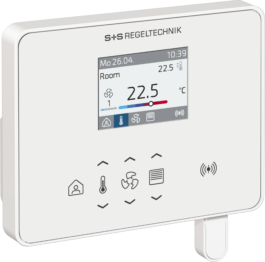 RYMASKON® RYM 1441C-RH-CO2-VOC-WMOD-B climate control device with digital display for room temperature adjustment.