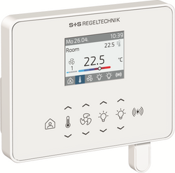 RYMASKON RYM 1441C-RH-VOC-WMOD-LL room control device for HVAC management, displaying temperature and control options.