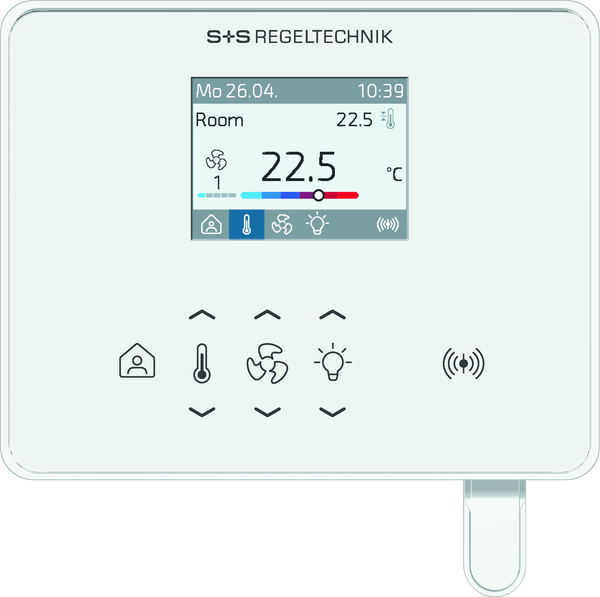 RYMASKON® RYM 1441C-RH-CO2-VOC-WMOD-L room controller for regulating heating and cooling.