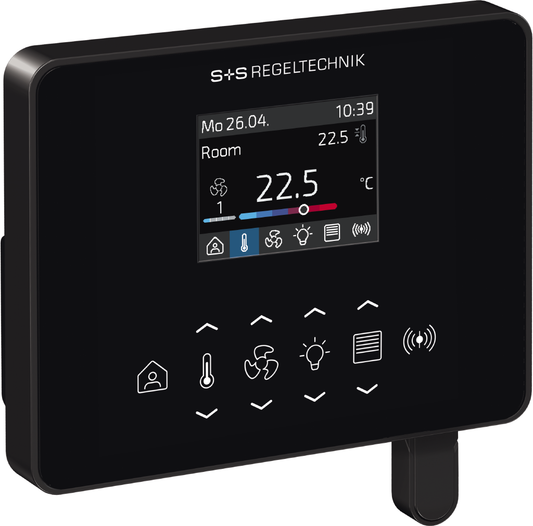 RYMASKON® RYM 1462C-RH-CO2-VOC-WMOD-BL control panel for climate management in residential spaces.