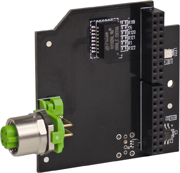 Erweiterungsplatine "Ethernet", M12, 4-polig Power IO-C100_ETH, mit geöffneter Abdeckung und sichtbarer Platine - S+S Regeltechnik